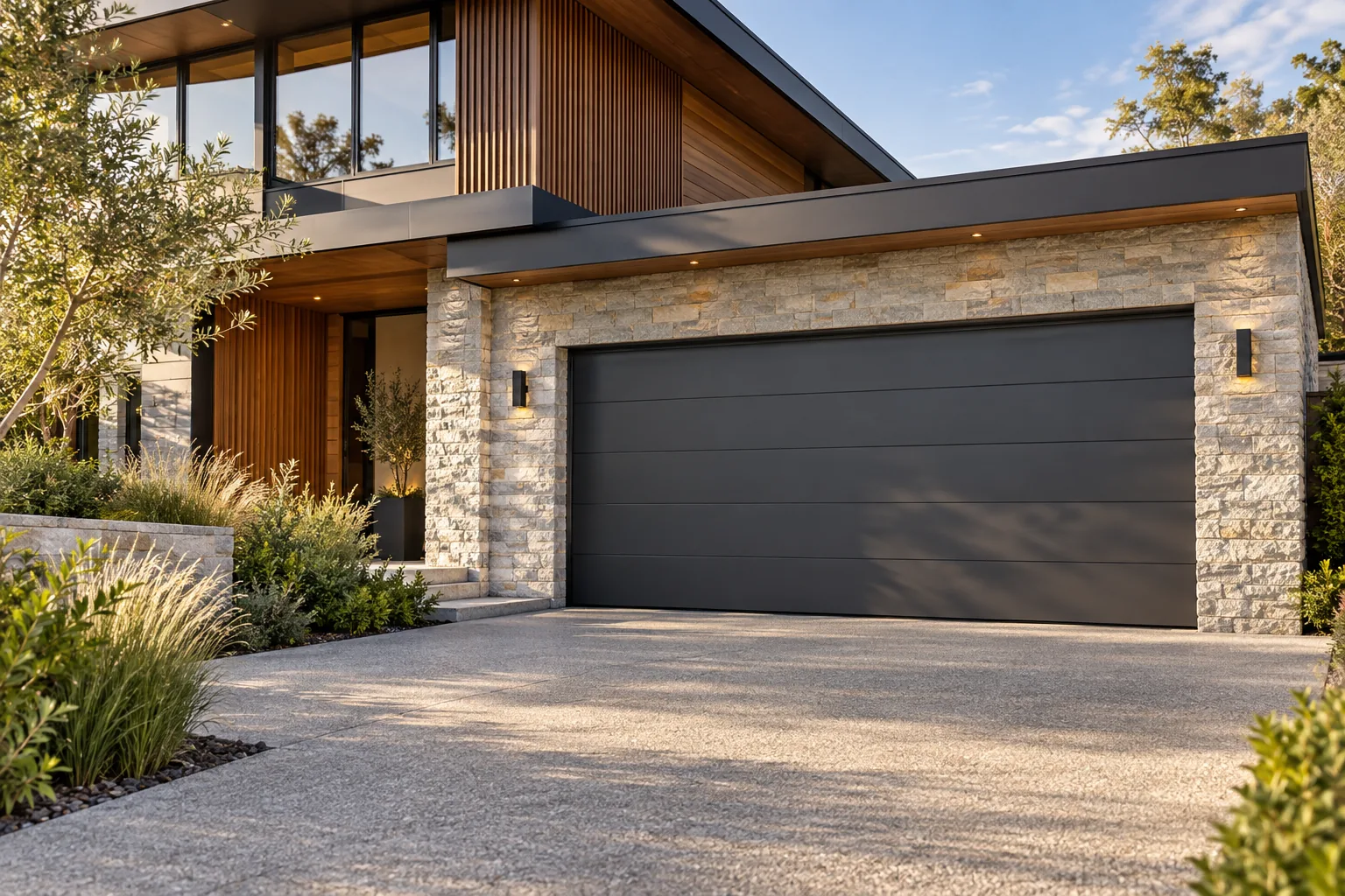 Architectural concept of a modern home with a charcoal sectional garage door