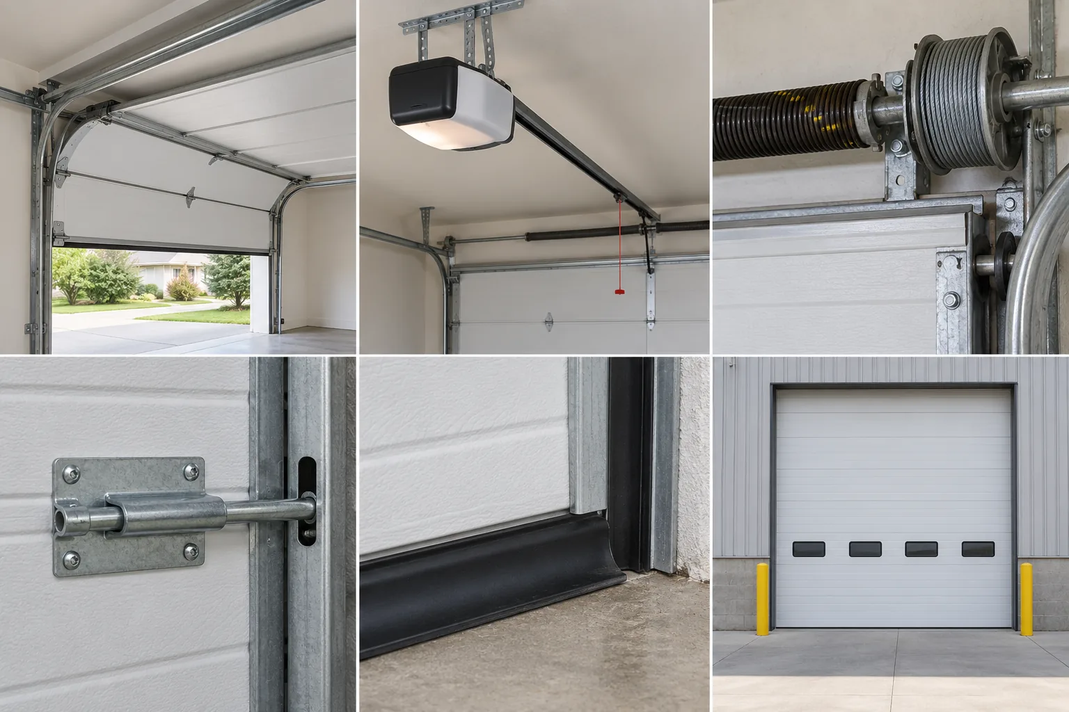 Illustration of garage door spring, cable drum, and roller hardware